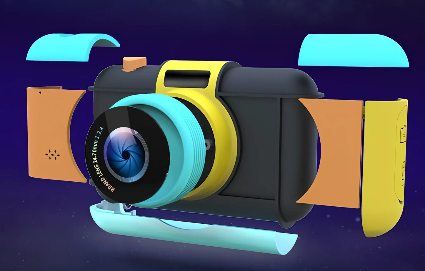 Children's 24MP digital camera in blue, showing 1080P video screen and 600mAh battery compartment, compact for small hands