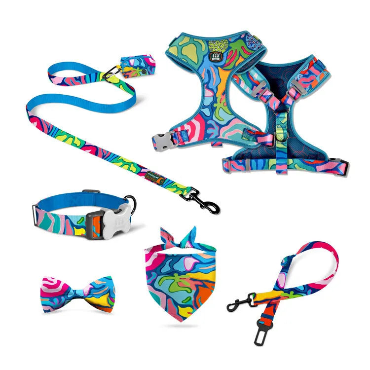 Pink sunflower four-piece pet rope set with collar, chest back, traction rope, and bin bag on display