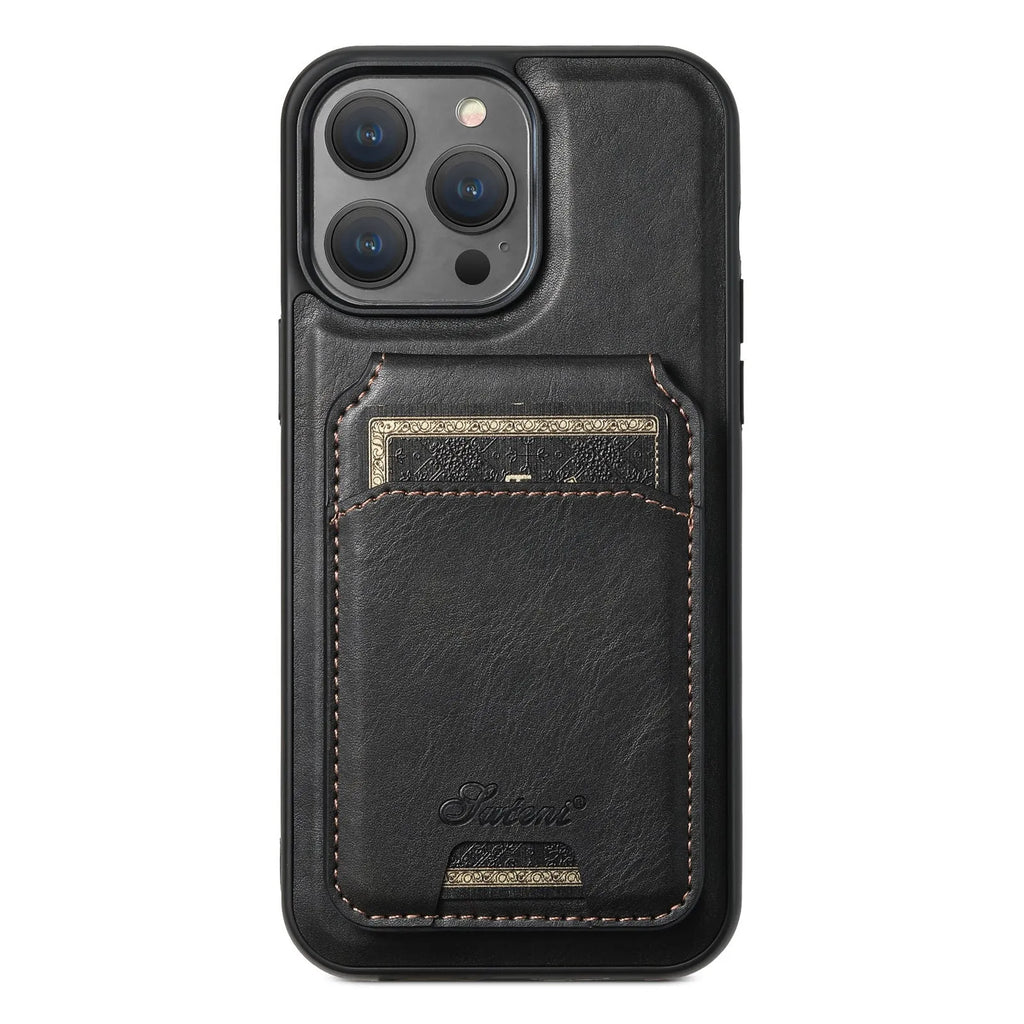 Magnetic card holder phone case for iPhone with stand bracket in Black, showing card slot and wireless charging compatibility