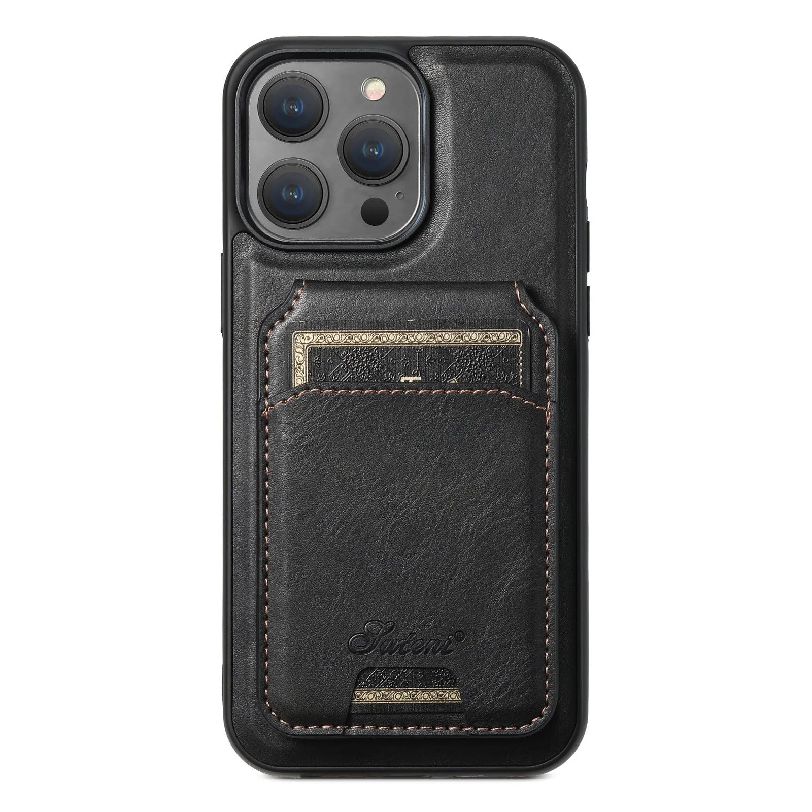 Magnetic card holder phone case for iPhone with stand bracket in Black, showing card slot and wireless charging compatibility