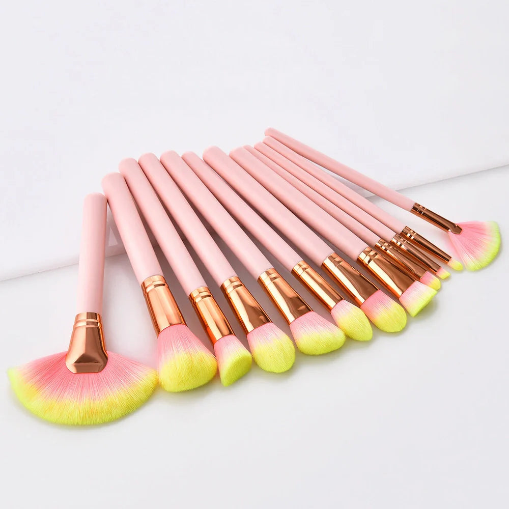 12-piece makeup brush set with pink wooden handles showing 10 different brush types for complete application