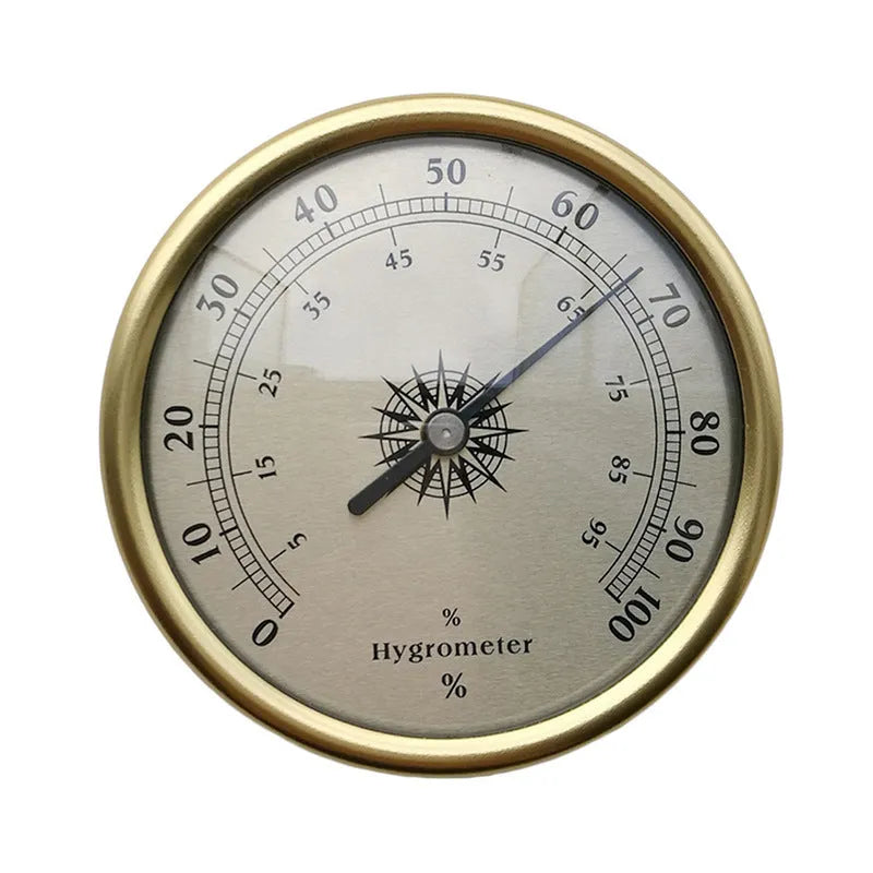 Analogue thermometer and hygrometer with aluminium ring and dial on a white wall.