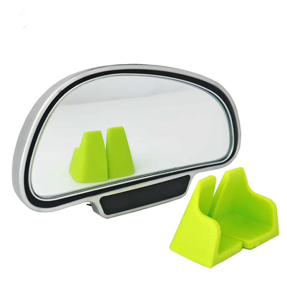 Black adjustable car blind spot mirror with 360-degree lens and 3M adhesive on rearview mount