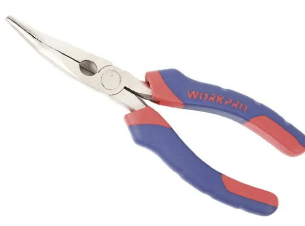 Curved nose pliers with blue double-colour rubber-sleeved handles for precision electronic work