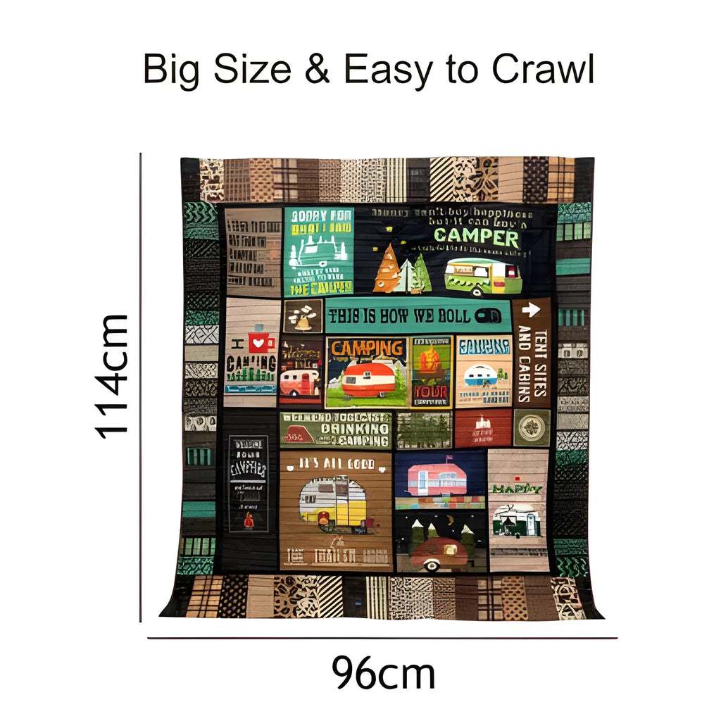 Outdoor camping blanket made from soft 100% polyester in a picnic setting with green grass background