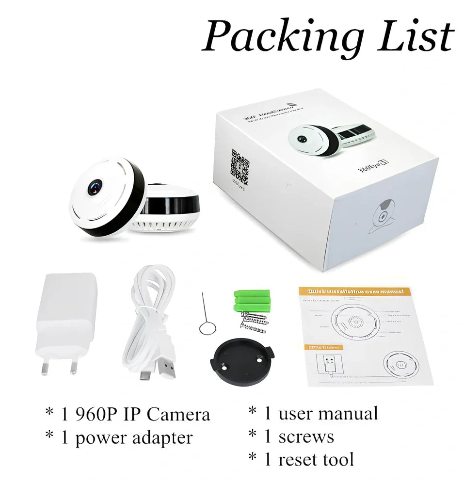White Cobell 960P WiFi IP camera with 360 degree lens, night vision up to 15m, mounted on ceiling for home security