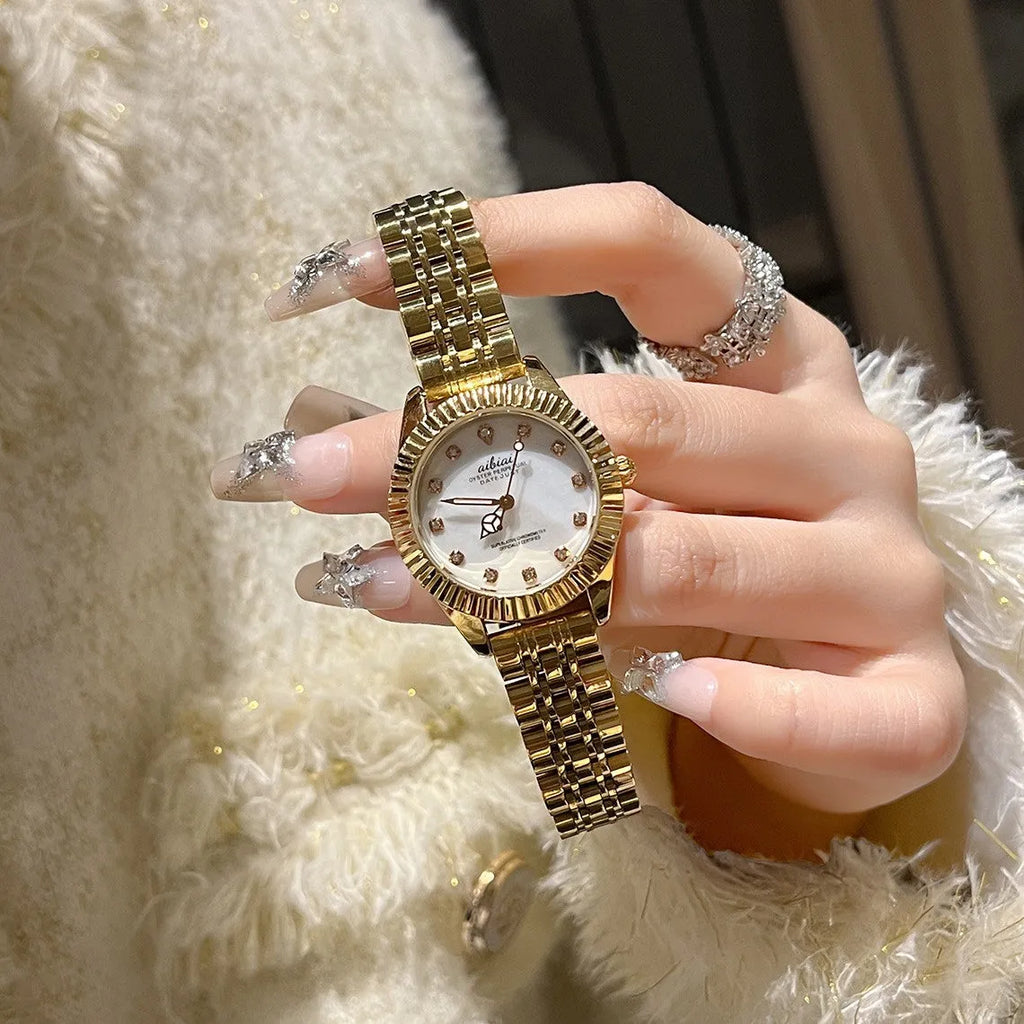 Steel watch for women with rose shell dial and black leather strap