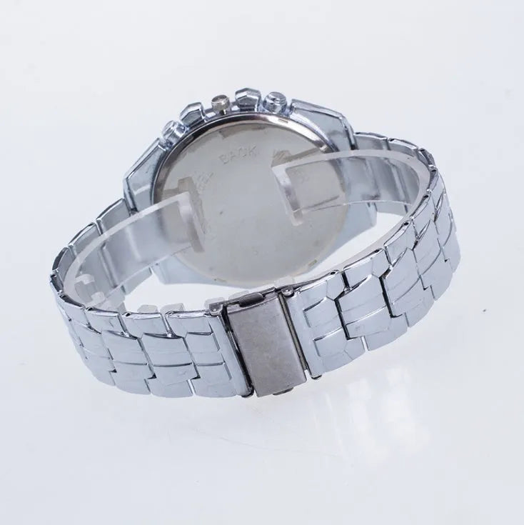 Men's stainless steel sport watch with 4cm dial and pointer display on a casual background