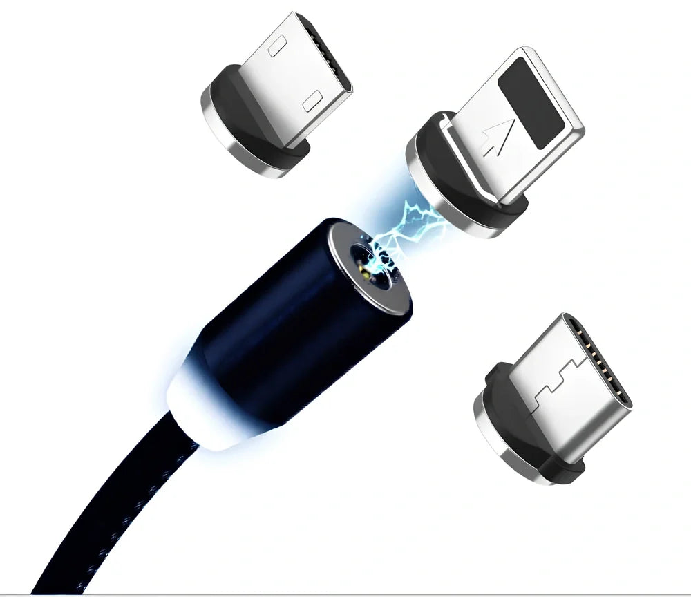 YBD 1m black magnetic LED charging cable with three-in-one plugs for iPhone and Android, showing N52 magnet connection