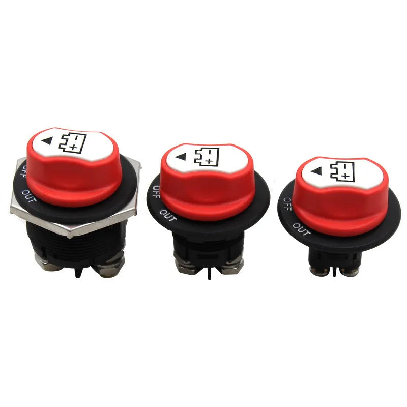 Car yacht RV battery switch with detachable red knob, 50A 100A 200A ratings, plastic body