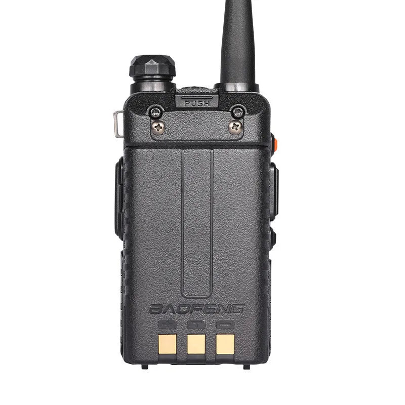 Black dual-band VHF UHF walkie talkie with 128 channels and a 5-10 km communication range.