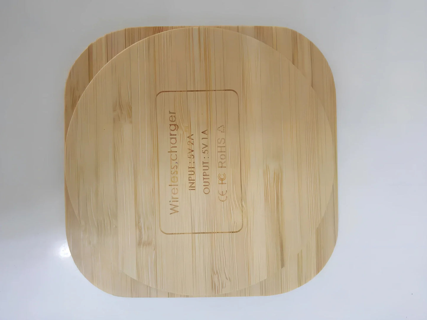 Square wooden bamboo 5W wireless charger in brown, 92x92x8mm with green charging indicator