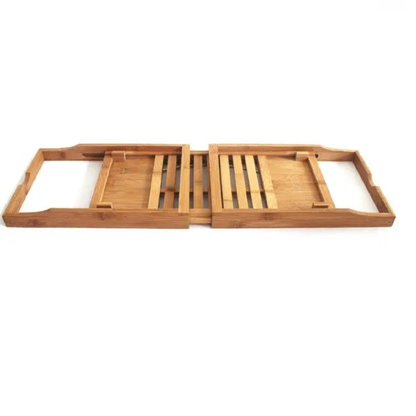 Natural bamboo bathtub frame shelf for desktop bathroom storage organisation.