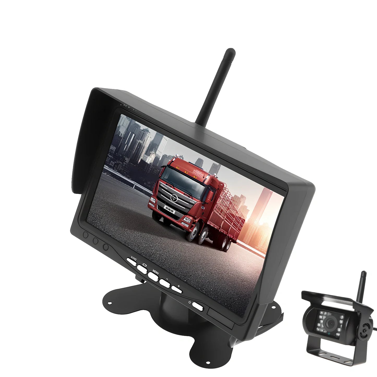 Black 7-inch wireless reversing camera display for forklifts, 175x115x20 mm, four-camera setup with 1024x600 resolution