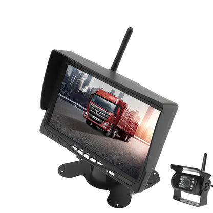 Black 7-inch wireless reversing camera display for forklifts, 175x115x20 mm, four-camera setup with 1024x600 resolution