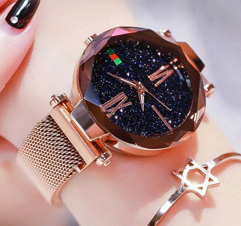 Starry Sky women's watch with magnetic mesh strap, alloy case, and glass surface, 34mm diameter