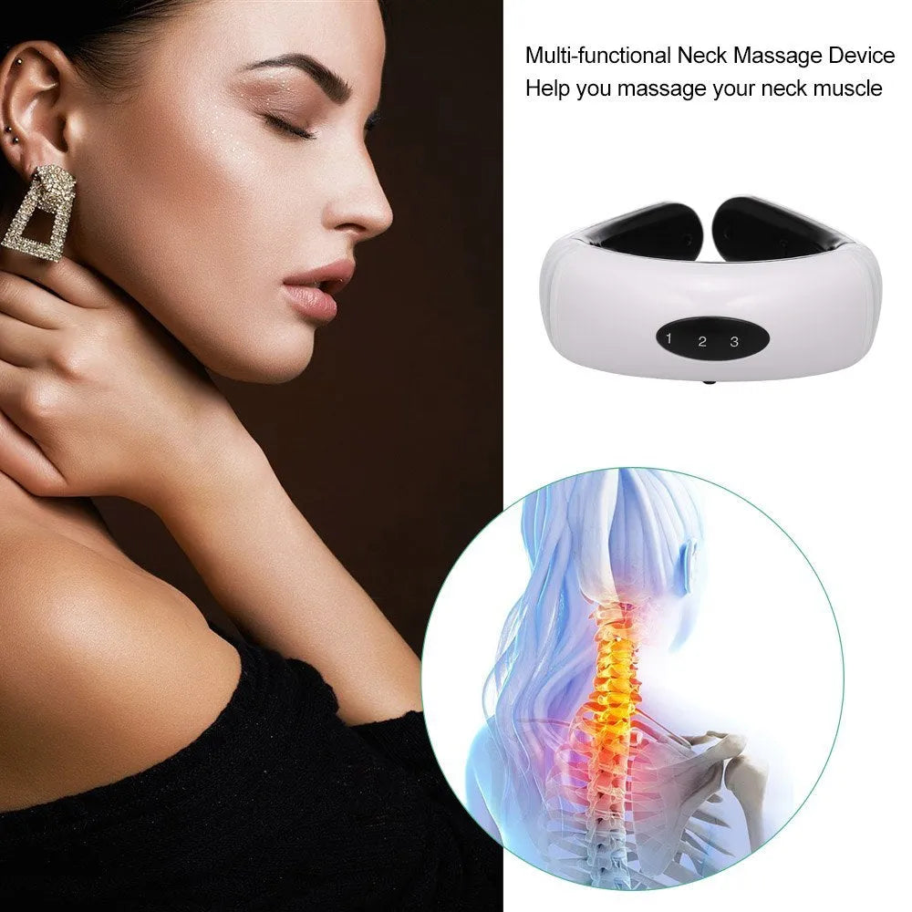 Cervical massager with 6 modes, white colour, ABS and gel construction, compact neck massage device