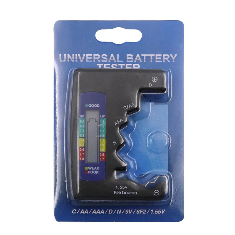 Universal digital battery tester for AA, AAA, 9V, and button cells with LCD display