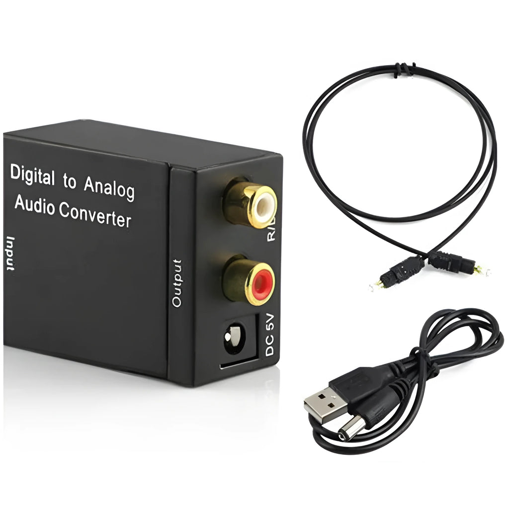 Black digital to analogue audio converter with Toslink and RCA inputs for optical and coaxial signal conversion