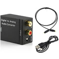 Black digital to analogue audio converter with Toslink and RCA inputs for optical and coaxial signal conversion