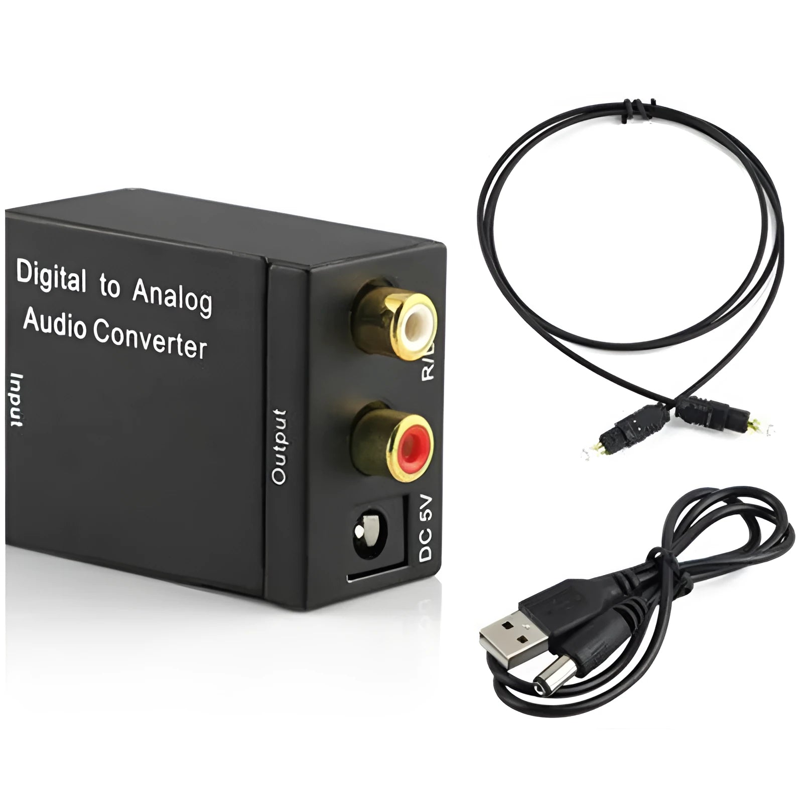 Black digital to analogue audio converter with Toslink and RCA inputs for optical and coaxial signal conversion