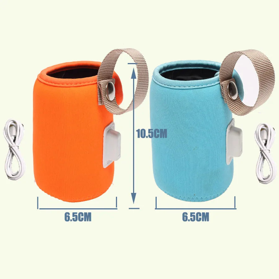USB baby bottle warmer with cotton sleeve in orange or blue, showing dimensions of 6.5 cm by 10 cm