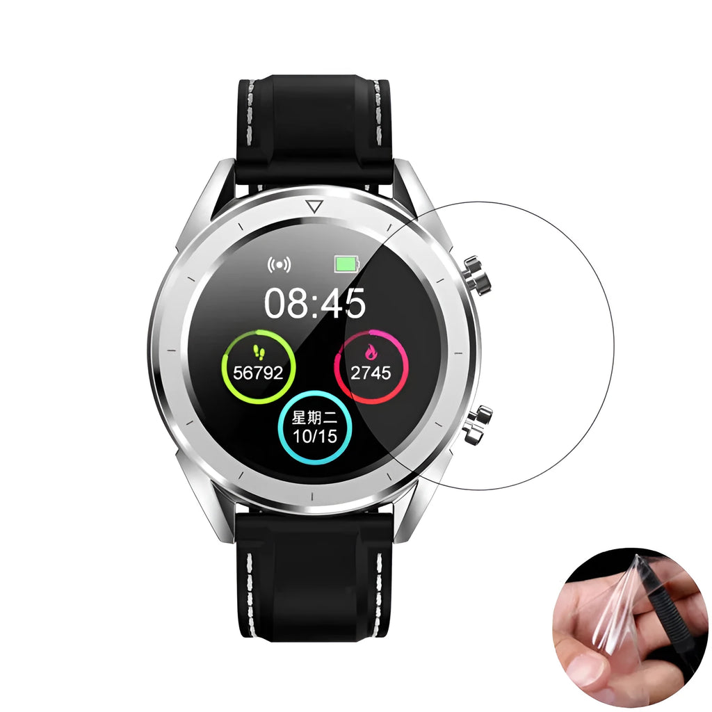 Three transparent PET screen protector films for Ticwatch2 smartwatch on a clean surface.