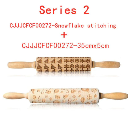 Wooden Christmas embossing rolling pin with non-stick surface for festive baking