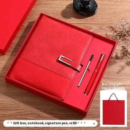 A5 soft PU leather business notebook in choice of five colours, shown with wood-free paper pages and optional gift box.
