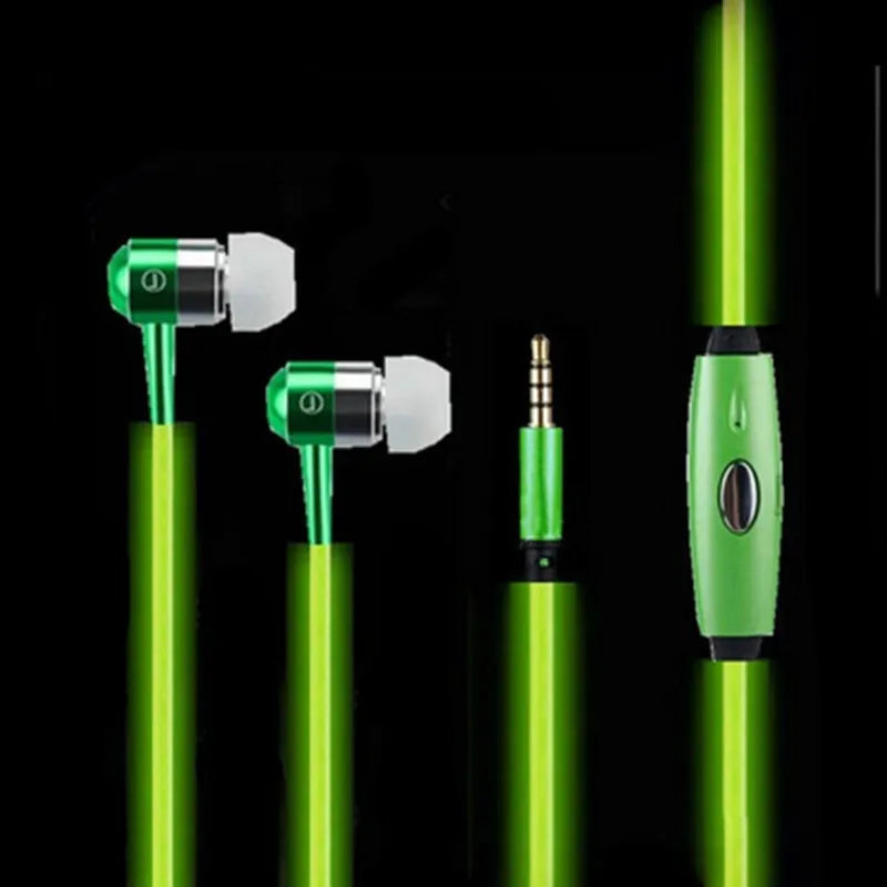 Blue Magic Light LED earphones with illuminated shells and a 3.5mm plug, showing the inline remote control.