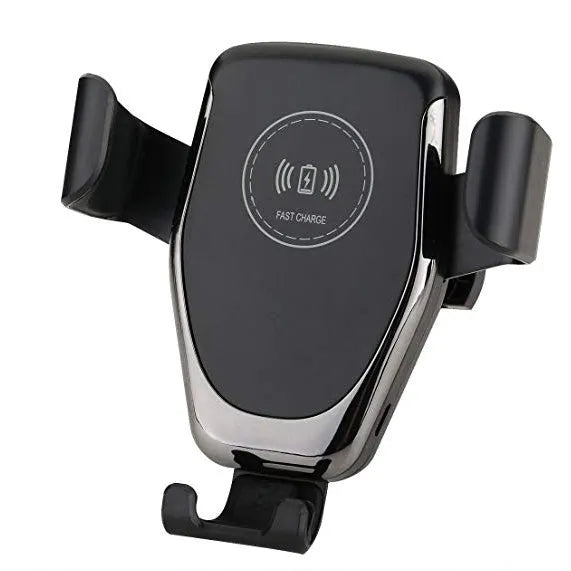 Car wireless charging mount with automatic clamp for iPhone, shown in black on a car dashboard.