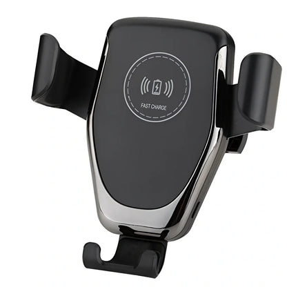 Black 18W Qi wireless car charger with auto gravity arms clamping iPhone on vent mount
