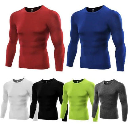 Premium men's compression long sleeve workout top in various colors and sizes