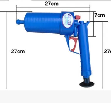 Plastic air power drain blaster gun with four different sized rubber suction cup adaptors for unblocking pipes