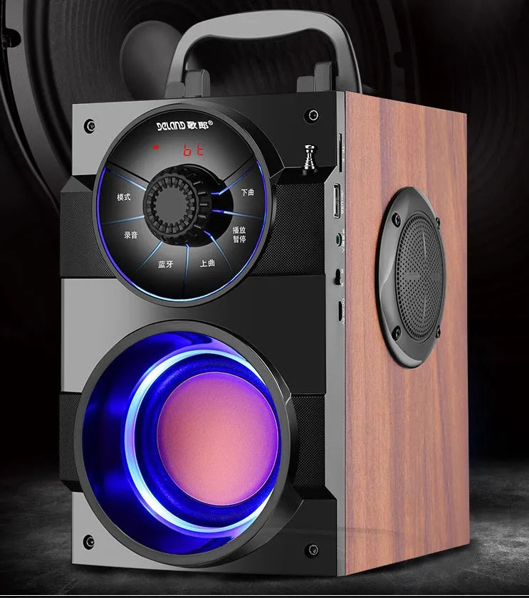Black portable mini audio system with subwoofer and 3.5mm connection cable