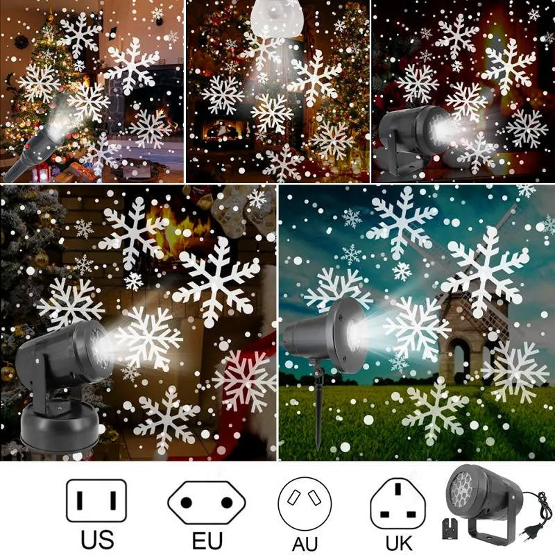 LED Christmas snowflake projection light projecting festive patterns onto wall for holiday decoration