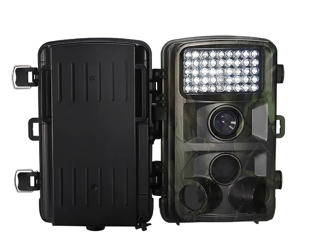 Military green Wild Hunting HD camera with 12x zoom lens and 2.0-inch LCD for trail and night use, 1080p resolution