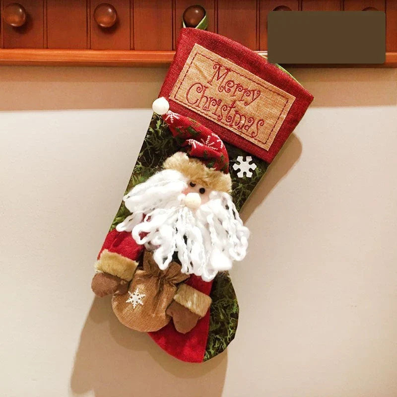 Cozy Christmas stocking with 3D applique designs of snowman, old man, and elk