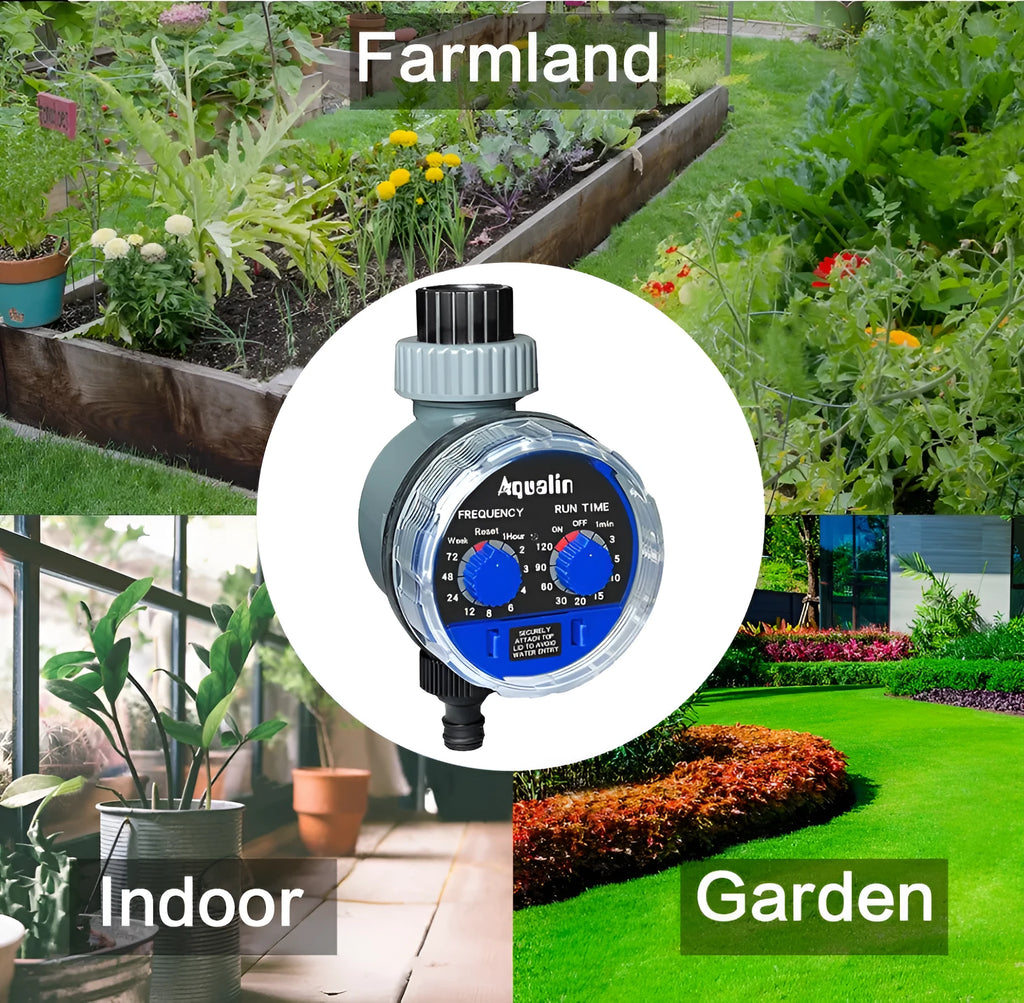 Automatic battery-powered watering timer for garden hose with 3/4 inch thread connection.