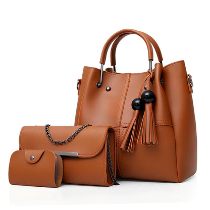 White three-piece tassel messenger bag set with 27x26x13cm main PU bag, zipper closure, and internal pockets for women