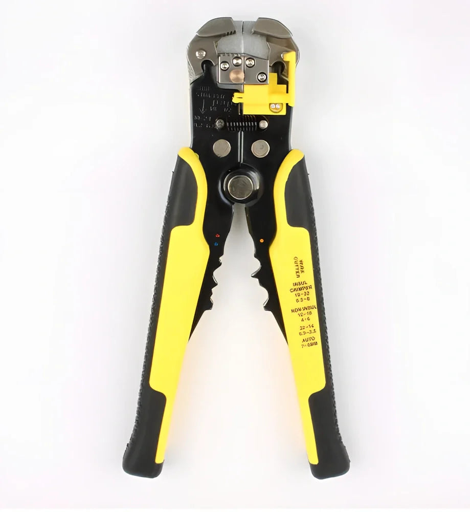 Yellow 3-in-1 automatic wire stripper crimper cutter tool, 21cm long, for 10-24 AWG wires with adjustment screw