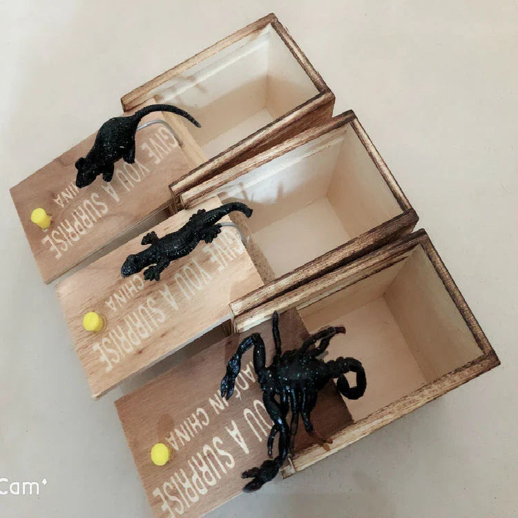 Wooden Scare Box with lifelike prank spider for April Fools' Day fun