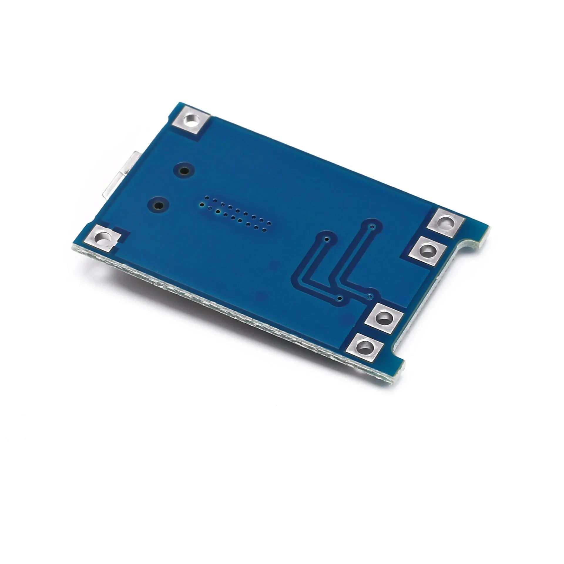 Blue lithium battery charging and protection integrated circuit board measuring 26 by 17 millimetres.