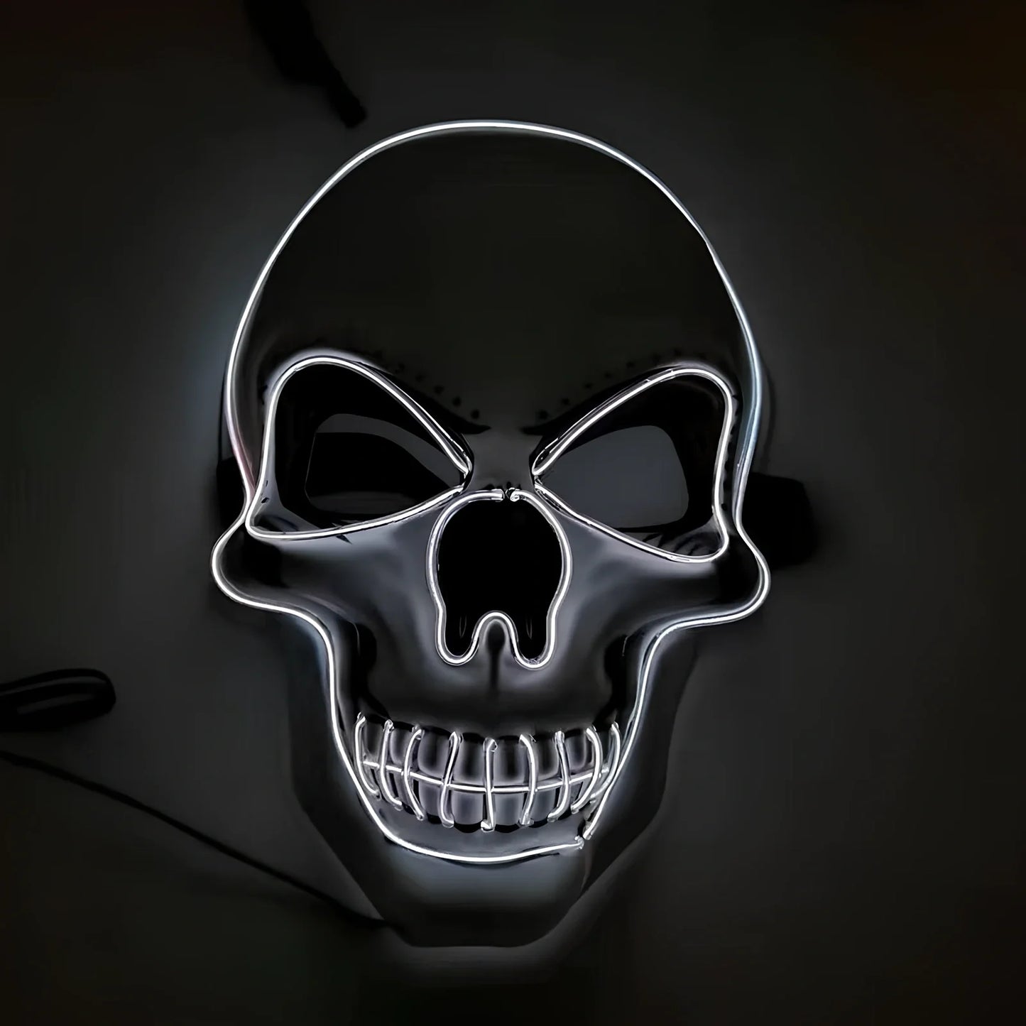 LED illuminated skull Halloween mask with adjustable strap and multiple light settings