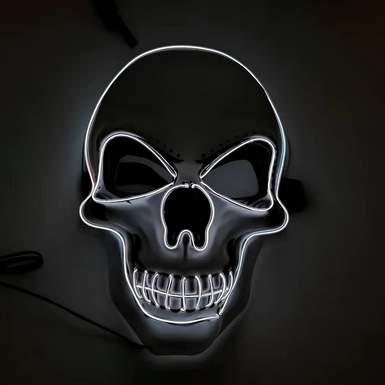 LED illuminated skull Halloween mask with adjustable strap and multiple light settings