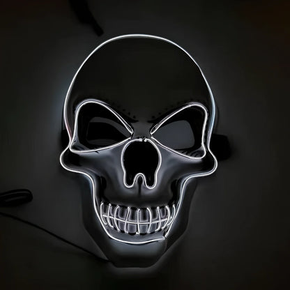 LED illuminated skull Halloween mask with adjustable strap and multiple light settings