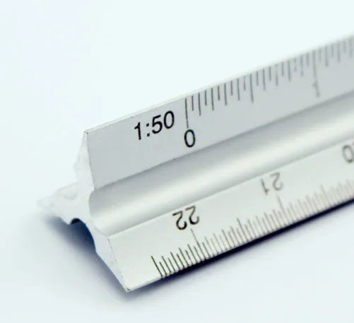 30cm silver metal architect technical triangle ruler on white background