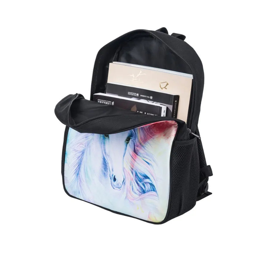 Jurassic dinosaur 3D printed backpack on a student, polyester, waterproof, medium size 40x30x13cm, 16 inch laptop pocket
