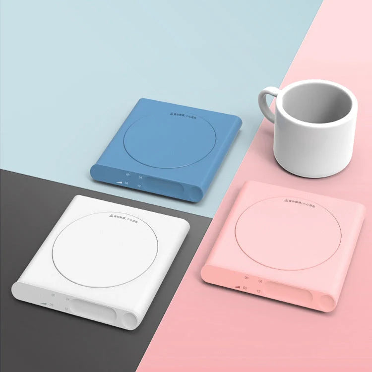 Adjustable Thermostat Coaster in white, blue, and pink with USB interface
