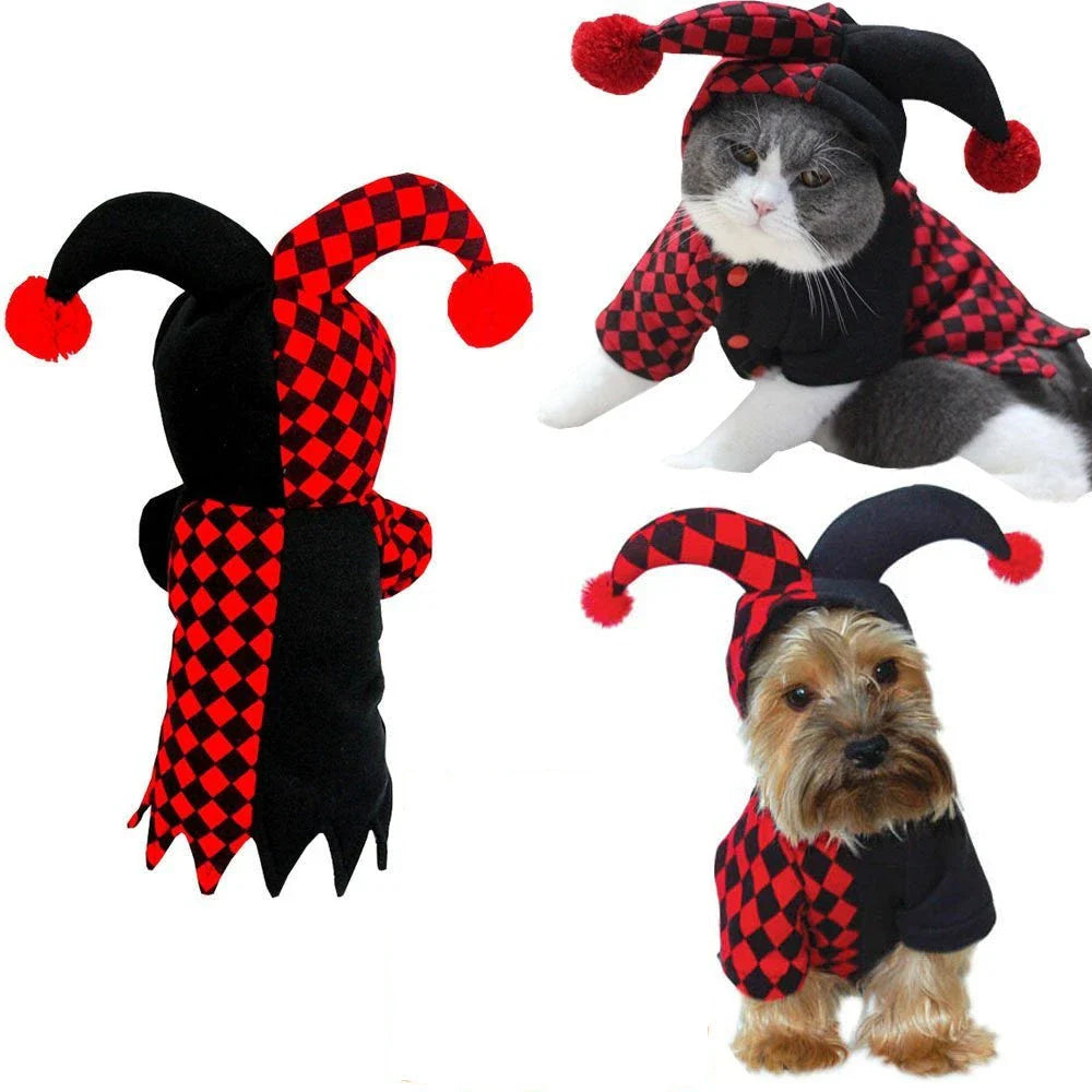 Halloween funny clown costume for dogs and cats, black and red design, includes hat and shirt